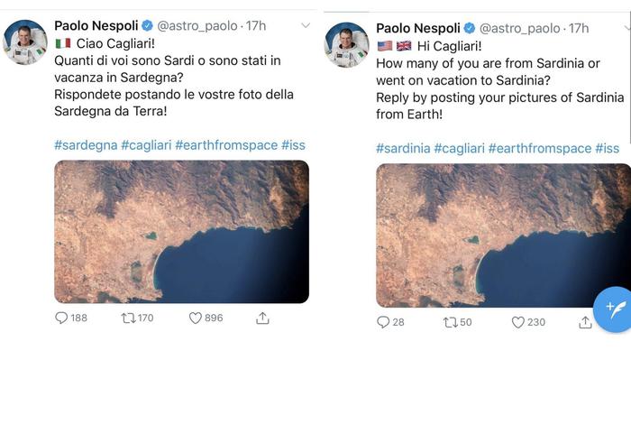 La foto di Cagliari dallo spazio, il tweet di Nespoli
