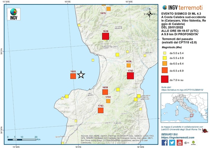 Ingv, scossa magnitudo 4,3 in Calabria in zona superficiale