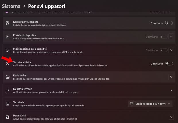 impostazioni termina attivita